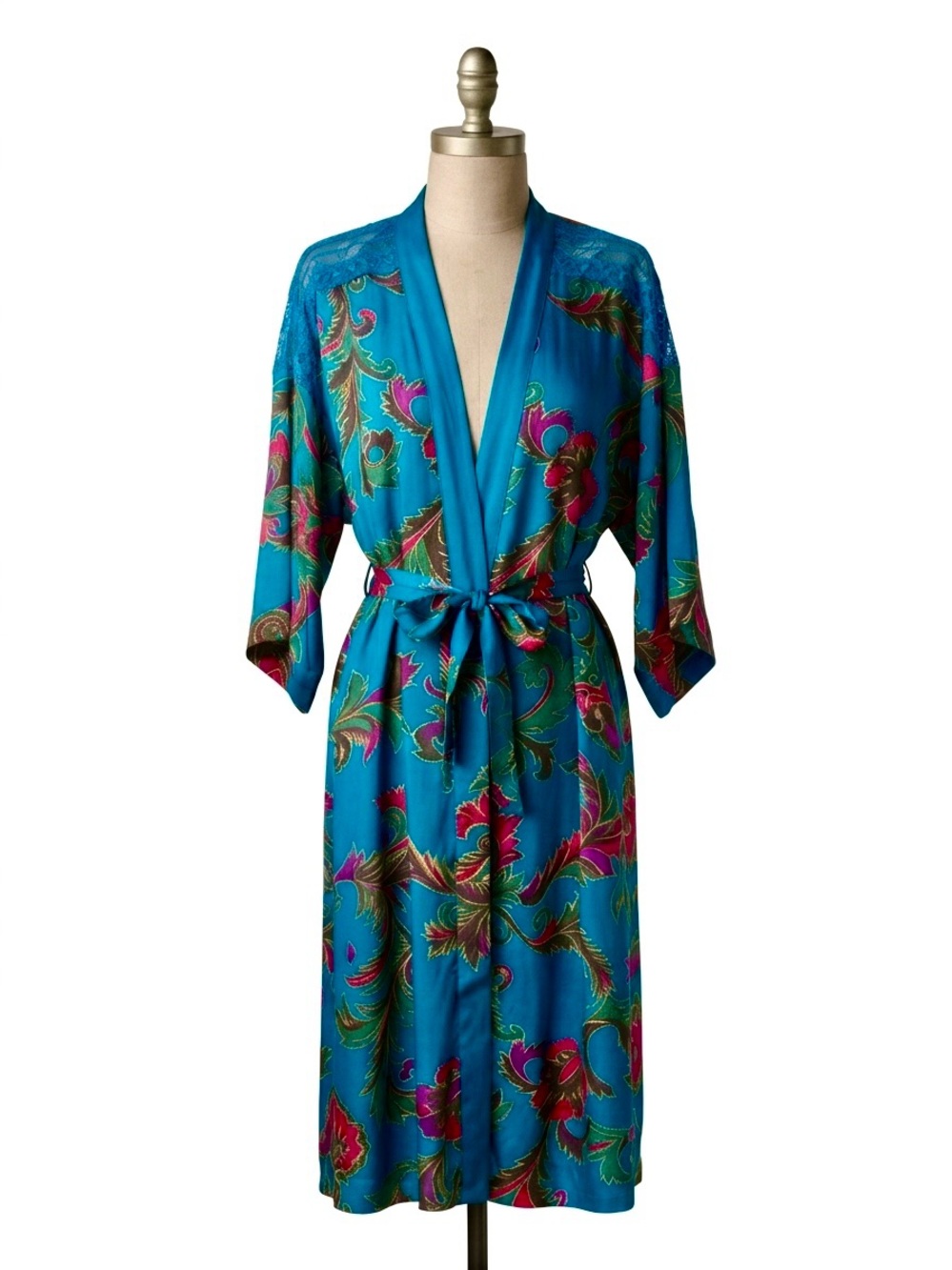 VTG Victoria’s Secret Gold Label Silk Kimono Robe Teal Paisley Floral M/L Mesh